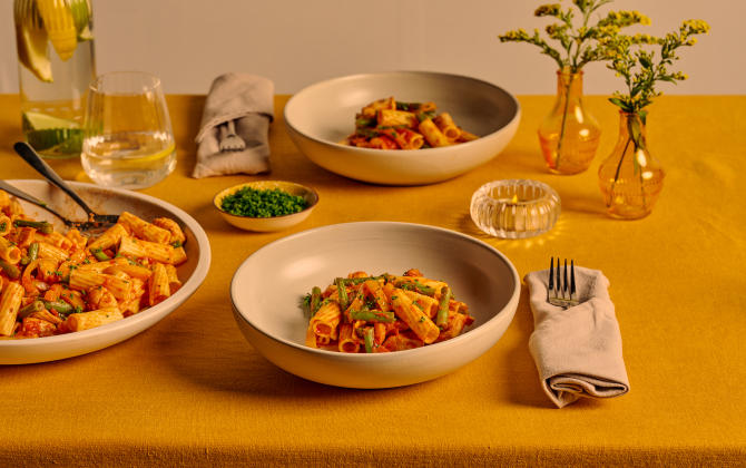 Recept Rigatoni met pikante saus en sperziebonen Grand'Italia